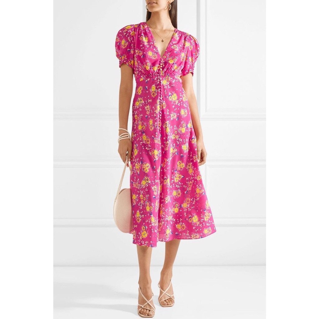 Saloni Lea Silk Puff Sleeve Midi Dress Pink 2